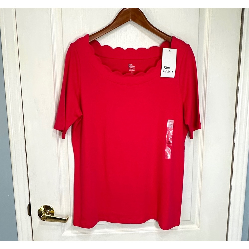 Kim Rogers Womens Pink Scalloped Neck Perfectly Soft Elbow Sleeve Tee Size M - Picture 7 of 7